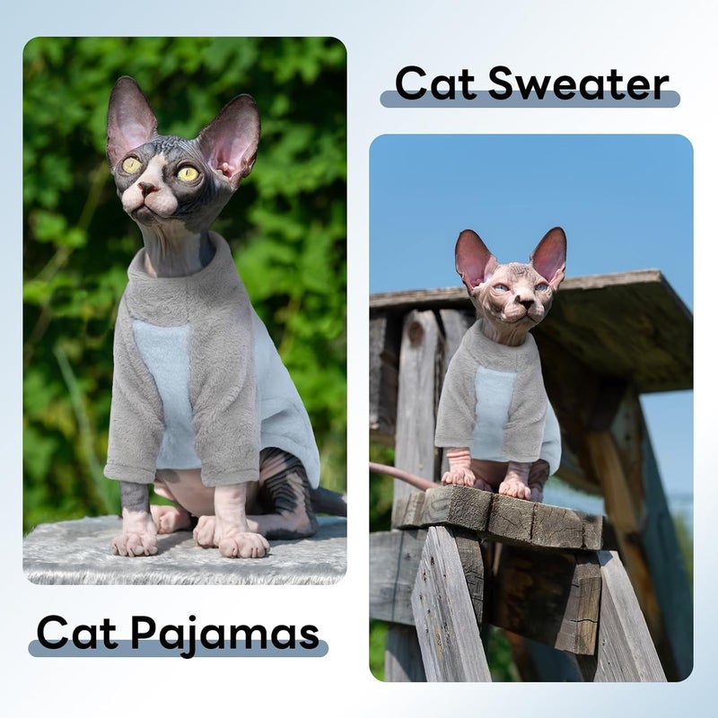 T'CHAQUE Sphynx Cat Clothes, Soft Fleece Winter Sweaters for Hairless Cats, Warm Pajama Jumpsuit with Sleeves and Hoodie, Cozy Pullover Outfit for Kittens - Image 4